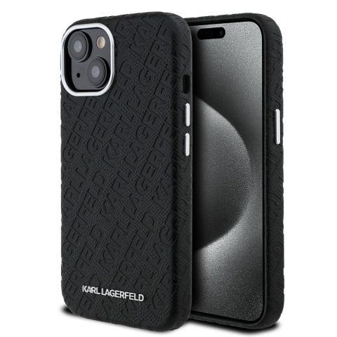 Apple iPhone 15 Kılıf Karl Lagerfeld Orjinal Lisanslı PU Deri Damgalı Metal Yazı Logolu Kapak