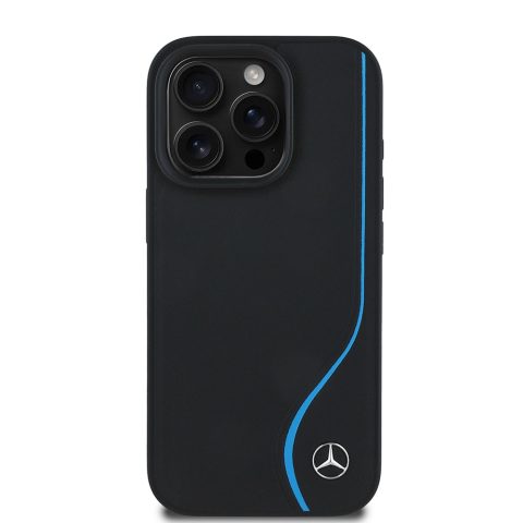 Apple iPhone 16 Pro Max Kılıf Mercedes Benz Orjinal Lisanslı M-safe Şarj Özellikli 3D Metal Logolu Mavi Dikey Eğri Çizgili Deri Kapak