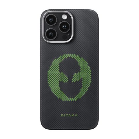 Apple iPhone 16 Pro Max Kılıf M-safe Şarj Özellikli Lumintex Teknolojili Fosforlu Aramid Karbon Fiber Pitaka Tactile Woven Aries Serisi Alien Kapak