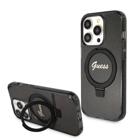 Apple iPhone 15 Pro Kılıf Guess Orjinal Lisanslı M-safe Şarj Özellikli Simli Arka Yüzey Ring Standlı Kapak