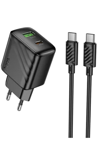Hoco. CS25A Rico 20W 1 Adet Type-C ve 1 Adet USB 3.0 QC Çıkışlı Ekstra Type-C to Type-C Kablolu PD Hızlı Şarj Aleti