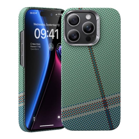 Apple iPhone 15 Pro Max Kılıf M-safe Şarj Özellikli Karbon Fiber Tasarımlı Benks Passion Green ArmorAir Kevlar Kapak