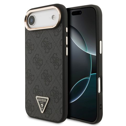 Apple iPhone 17 Air Kılıf Guess Orjinal Lisanslı M-safe Şarj Özellikli Gold Metal Kamera Çerçeveli Taşlı Üçgen Logo 4G Desenli Kapak