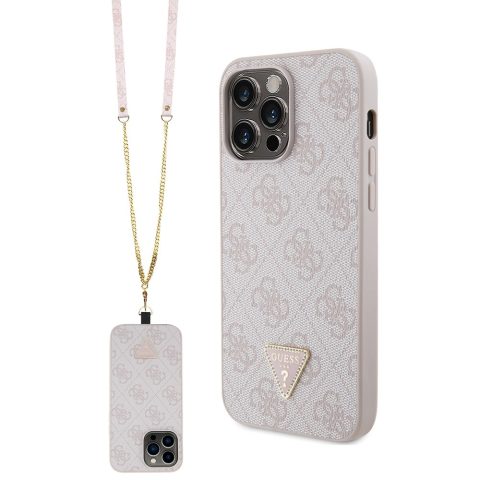 Apple iPhone 14 Pro Max Kılıf Guess Orjinal Lisanslı PU Deri Taşlı Metal Üçgen Logolu Çapraz Vücut Askılı 4G Desenli Kapak