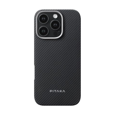 Apple iPhone 16 Pro Kılıf M-safe Şarj Özellikli 600D Aramid Karbon Fiber Pitaka Ultra-Slim Classic Serisi Black-Grey Twill Kapak