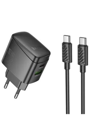 Hoco. CS61A Bright 30W 1 Adet Type-C ve 1 Adet USB 3.0 QC Çıkışlı Ekstra Type-C to Type-C Kablolu PD Hızlı Şarj Aleti