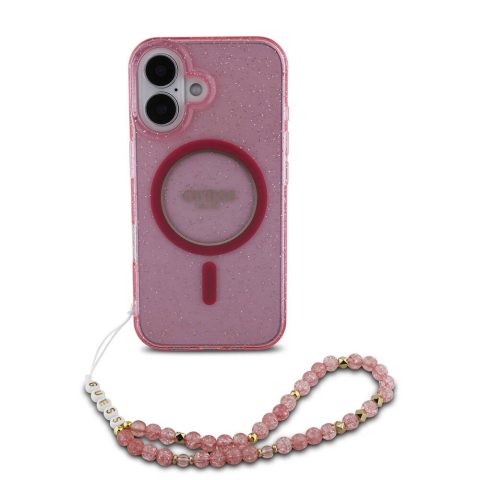 Apple iPhone 16 Kılıf Guess Orjinal Lisanslı M-safe Şarj Özellikli Simli Silikon İnci Bileklikli Kapak