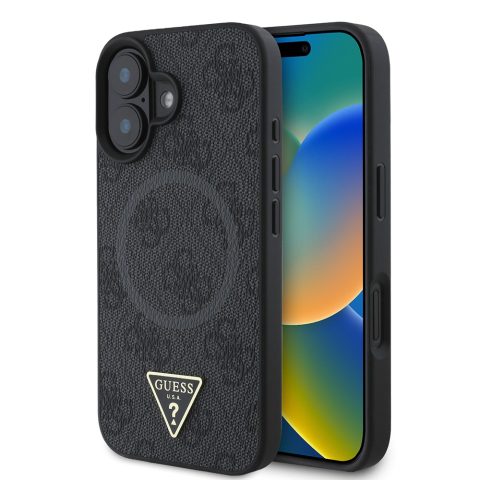 Apple iPhone 16 Kılıf Guess Orjinal Lisanslı M-safe Şarj Özellikli PU Üçgen Logo 4G Desenli Kapak