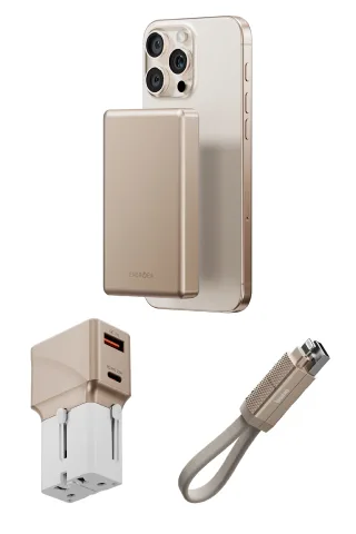 Energea X Bazic Travel Kit Universal TravelWorld 25W Adaptör AluPac 10.000 mAh Powerbank ve AluCable 15 CM 60W USB to Lightning Kablolu Set Travel Çanta