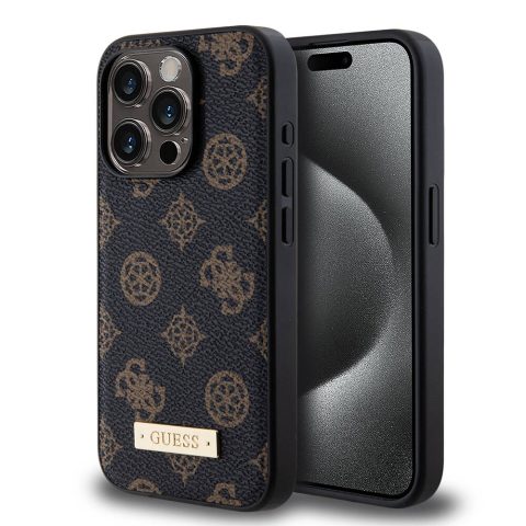 Apple iPhone 15 Pro Kılıf Guess M-safe Şarj Özellikli PU Deri Desenli Metal Plaka Logolu Kapak