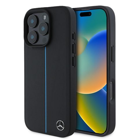 Apple iPhone 16 Pro Max Kılıf Mercedes Benz Orjinal Lisanslı M-safe Şarj Özellikli Metal Yıldız Logolu Mavi Çizgili Deri Kapak