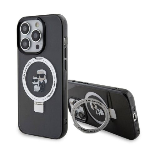 Apple iPhone 15 Pro Kılıf Karl Lagerfeld Orjinal Lisanslı M-safe Şarj Özellikli K&C İkonik Baskılı Ring Standlı Kapak