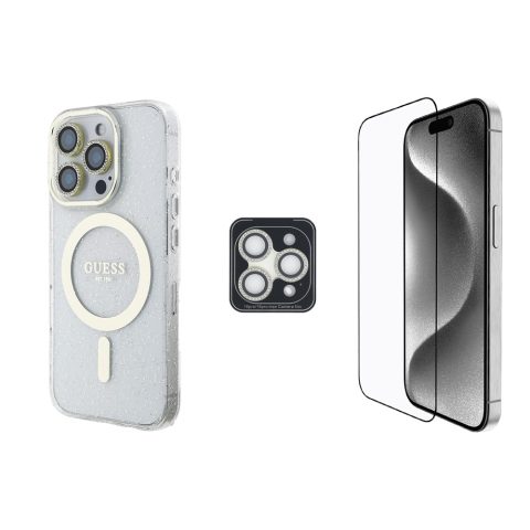 Apple iPhone 16 Pro Max Guess Orjinal Lisanslı 3'lü Aksesuar Seti IML Baskılı Simli Glitter Kılıf + Ekran Koruyucu + Lens Koruyucu