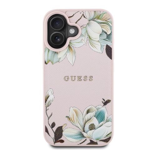 Apple iPhone 16 Kılıf Guess Orjinal Lisanslı M-safe Şarj Özellikli Taneli Çiçek Tasarımlı Metal Yazı Logolu Kapak