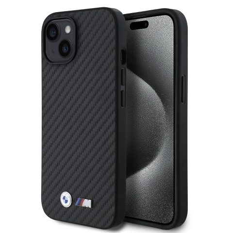 Apple iPhone 15 Kılıf BMW Orjinal Lisanslı Karbon Fiber Tasarımlı ve Metal Logolu PU Deri Kapak