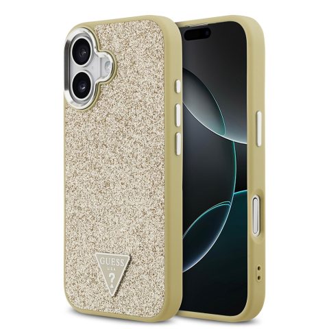 Apple iPhone 17 Kılıf Guess Orjinal Lisanslı M-safe Şarj Özellikli Metal Kamera Çerçeveli Üçgen Logolu Glitter Kapak