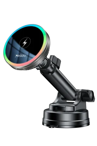 Yesido C315 2in1 Izgara Klipsli ve Vantuzlu 360 Derece Ayarlanabilir RGB Işıklı Cam Yüzeyli Fan Soğutuculu 15W Kablosuz Şarjlı Araç Tutucu