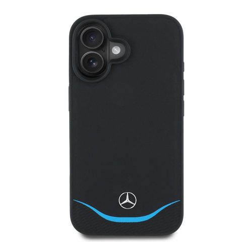 Apple iPhone 16 Kılıf Mercedes Benz Orjinal Lisanslı M-safe Şarj Özellikli 3D Metal Logolu Mavi Yatay Eğri Çizgili Deri Kapak