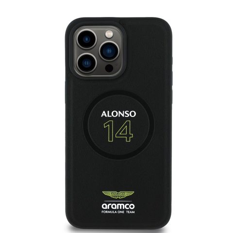 Apple iPhone 15 Pro Max Kılıf Aston Martin Orjinal Lisanslı M-safe Şarj Özellikli PU Deri Alonso 14 Baskılı Kapak