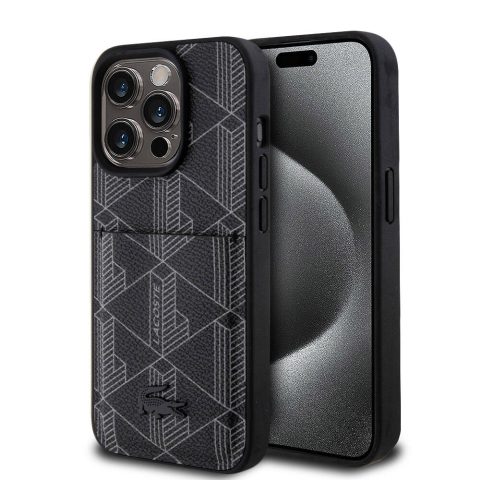 Apple iPhone 15 Pro Kılıf Lacoste Orjinal Lisanslı M-safe Şarj Özellikli PU Deri Görünümlü Kartlıklı Karışık Monogram Desenli Kapak