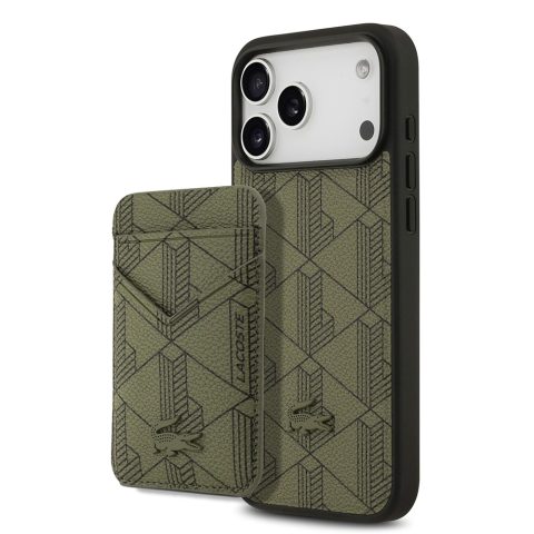 Apple iPhone 17 Pro Max Kılıf Lacoste Orjinal Lisanslı M-safe Şarj Özellikli PU Deri Tasarımlı Kartlıklı Karışık Monogram Desenli Kapak