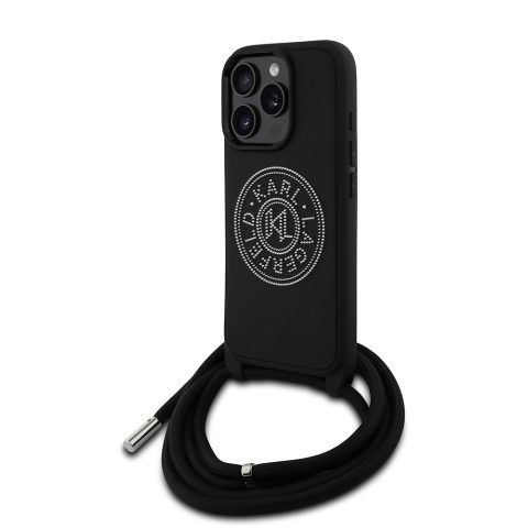 Apple iPhone 16 Pro Max Kılıf Karl Lagerfeld Orjinal Lisanslı Askı İpli Taşlı KL Yazılı Crossbody Cord Kapak