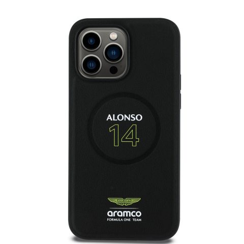 Apple iPhone 14 Pro Max Kılıf Aston Martin Orjinal Lisanslı M-safe Şarj Özellikli PU Deri Alonso 14 Baskılı Kapak