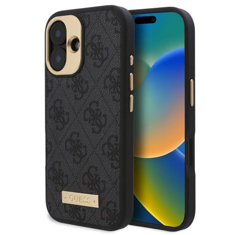 Apple iPhone 16 Plus Kılıf Guess Orjinal Lisanslı M-safe Şarj Özellikli PU 4G Desenli Metal Plaka Klasik Logolu Kapak