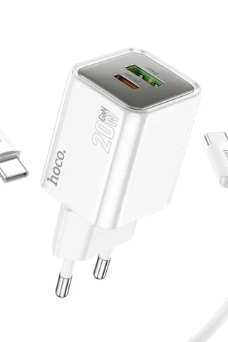 Hoco. N46 Glorious 1 Adet Type-C ve 1 Adet USB Çıkışlı Ekstra Type-C to Type-C Kablolu 20W PD Hızlı Şarj Aleti