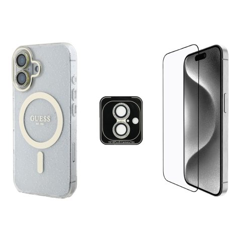 Apple iPhone 16 Guess Orjinal Lisanslı 3'lü Aksesuar Seti IML Baskılı Simli Glitter Kılıf + Ekran Koruyucu + Lens Koruyucu