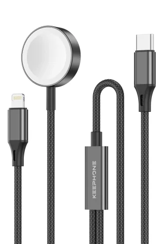 Keephone IC-014 Type-C to Lightning ve Kablosuz Saat Şarj Çıkışlı 2in1 Örgü Hızlı Şarj Kablosu